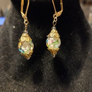 Gold-Tone Floral Glass Drop Earrings with Multicolor Accents